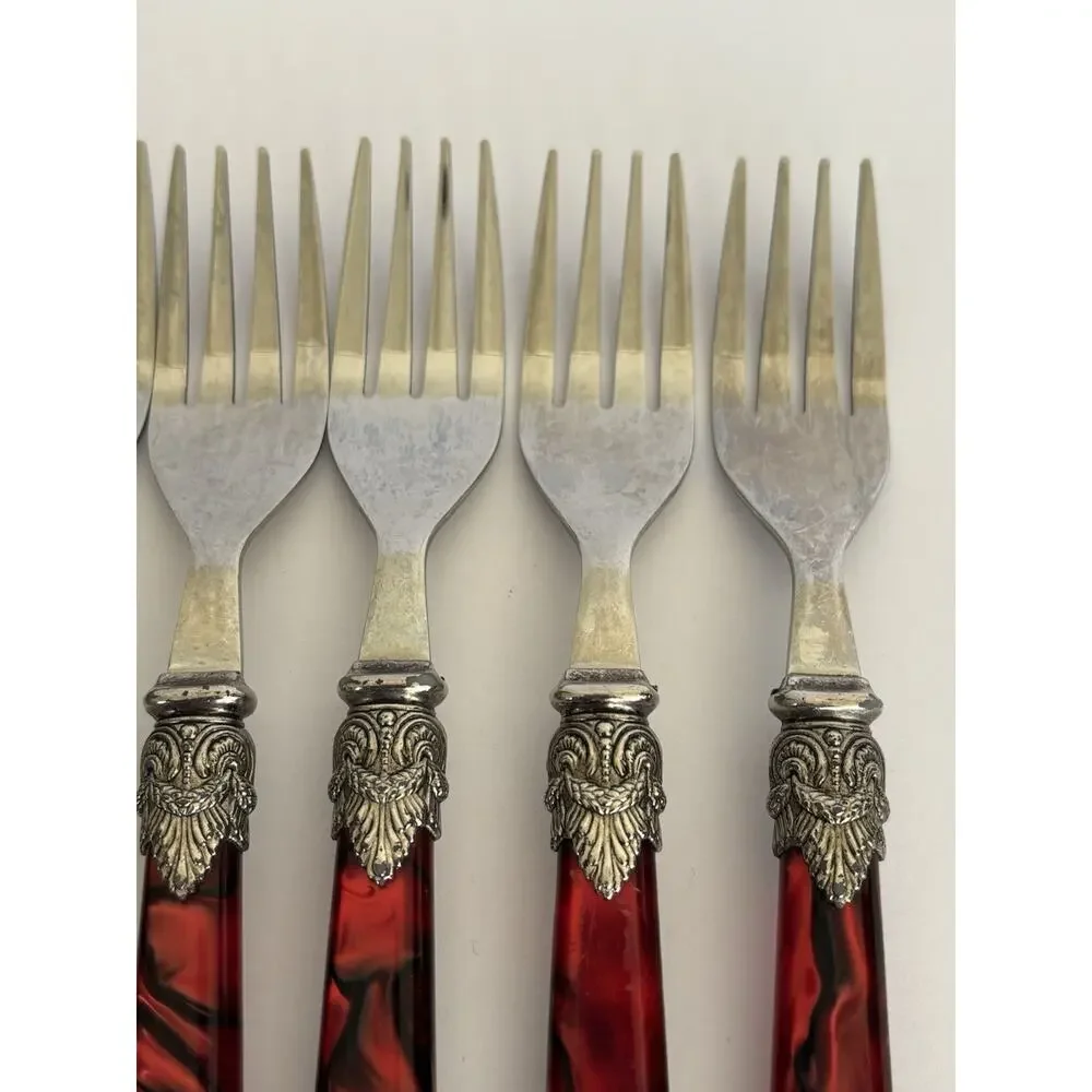 Vtg Forks Stainless 18/8 Flatware Red Mother Pearl Pattern 7 Pcs Preowned